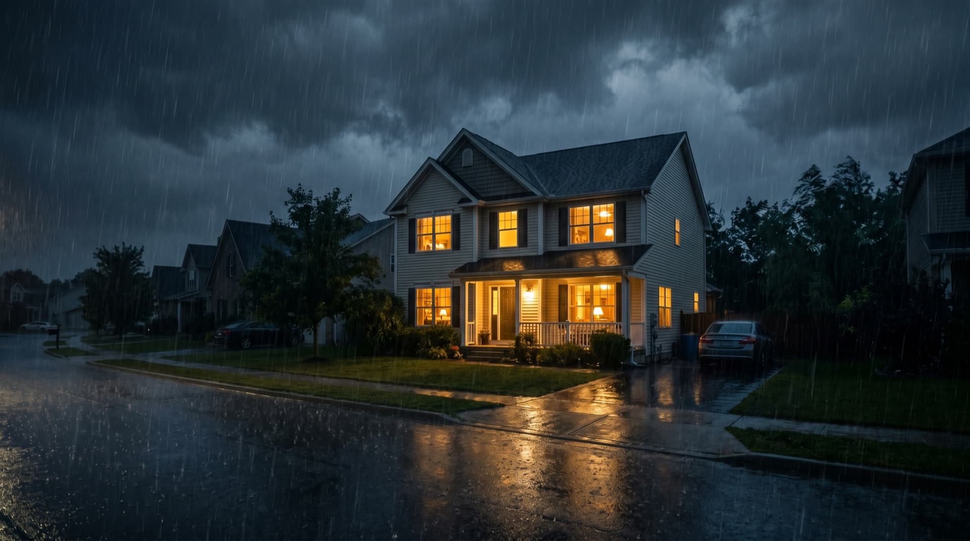 A home with lights on through the storm